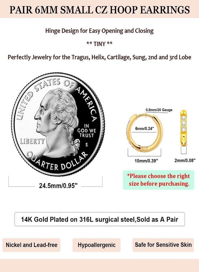 AMASIS Small Gold Hoop Earrings for Women Men,14K Gold Plated in 316L Surgical Steel Hinge Huggie Hoop Earrings fit Cartilage Helix Tragus Sung Earlobe Lightweight Hypoallergenic Earrings (1 Pair-6mm) - Image 2